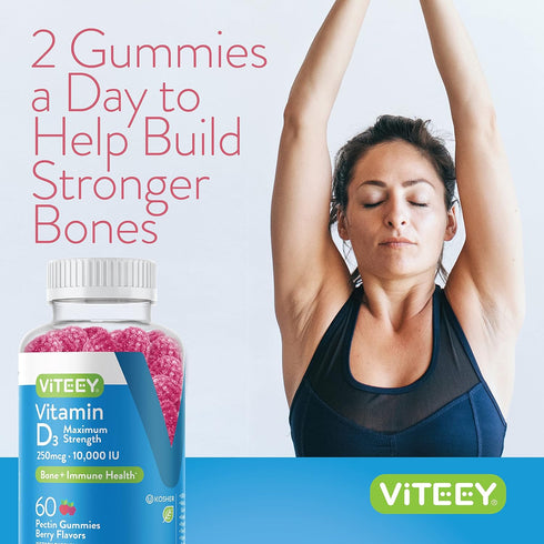 Vitamin D3 Gummies for Adults & Teens, 10,000 IU, 250mcg, Maximum Strength, Chewable, Berry Flavored