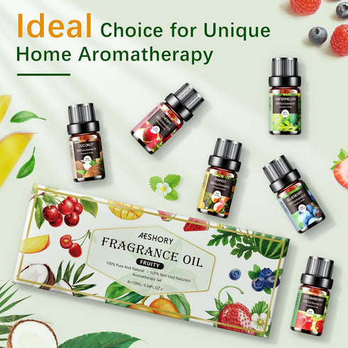 Set 6x10ML Fruity Essential Oils - Fruit Fragrance Oil for Diffuser, Aromatherapy, Candle Making - Strawberry, Cherry