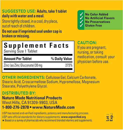 Nature Made Zinc 30 mg, 100 Tablets - Dietary Supplement for Immune Health & Antioxidant Support
