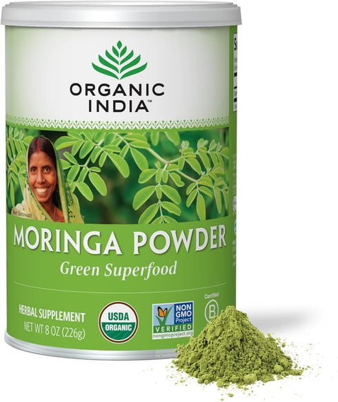ORGANIC INDIA Moringa Powder - Moringa Oleifera Leaf Herbal Supplement, 8 oz, USDA Certified Organic