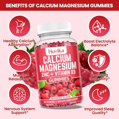 Calcium Magnesium Zinc Gummies with Potassium, Vitamin C, B6, D3, K2 - Supports Bones, Muscles, Teeth & Immunity - 60