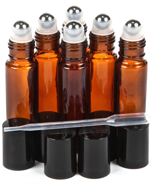 Vivaplex 10 ml Amber Glass Roll-on Bottles, 6 Pack with Stainless Steel Roller Balls, .5 ml Dropper Included
