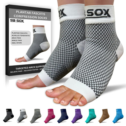 SB SOX Ankle Brace Compression Sleeve for Plantar Fasciitis Relief, Foot Pain, Swelling, Heel Spurs, White, Small