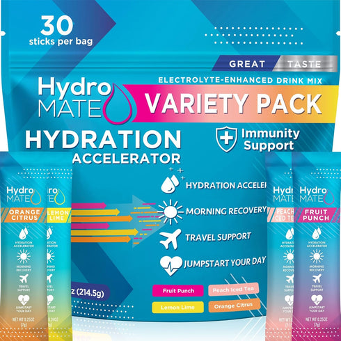 HydroMATE Electrolytes Powder Drink Mix Packets, Low Sugar Hydration Accelerator, Variety Pack 30 Count