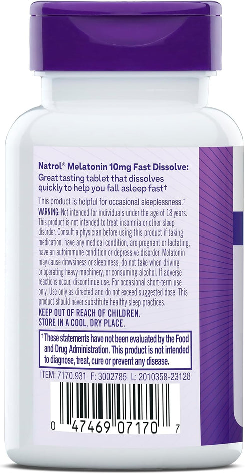 Natrol Sleep Melatonin 10mg Fast Dissolve Tablets, Nighttime Sleep Aid for Adults, 30 Strawberry-Flavored Tablets