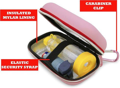 CASEMATIX Pink Insulated Travel Bag Case for Asthma Inhaler, Compatible with Chamber Inhaler Spacer, Masks, and More -