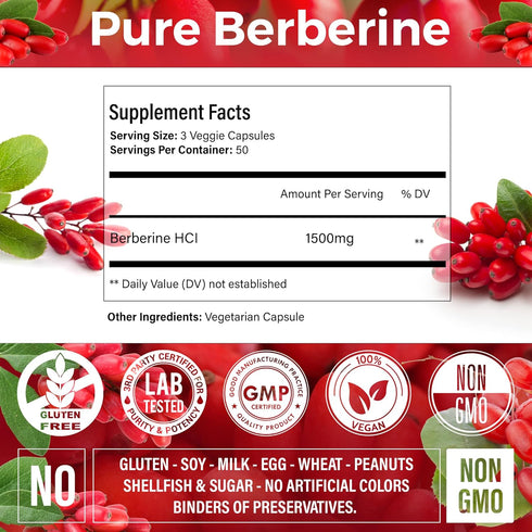 Premium Berberine Supplement 1500mg - 150 Capsules | 100% Pure, Immune System Support, Non-GMO, Gluten-Free
