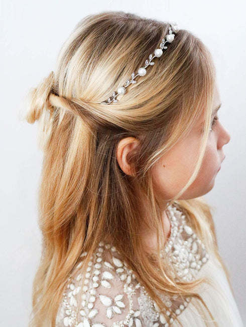 SWEETV Silver Pearl Flower Girl Headpiece Girls Headband for Wedding Princess Hair Accessories Birthday Party