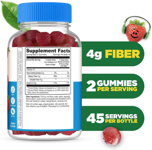 Lifeable Sugar Free Prebiotic Kids Fiber Gummies - 4g Fiber for Digestive Health, Great Tasting Vegetarian Supplements,