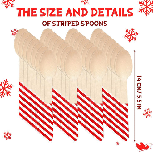 100 Pieces Wooden Spoons Disposable 5.5'' Christmas Disposable Wooden Spoon Pattern Wooden Spoons for Hot Chocolate Wooden Tasting Spoons for Cake Cocoa Coffee Ice Cream (Red White Stripe)