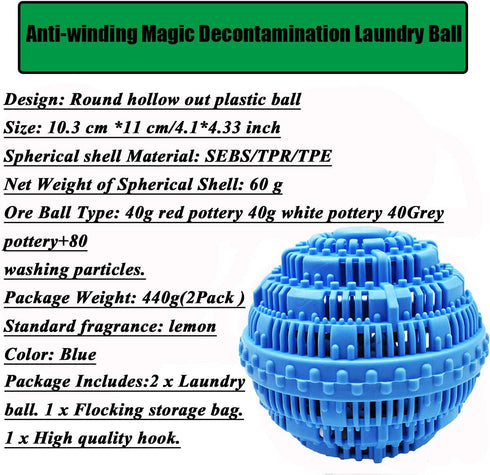 Eco-Friendly Laundry Balls, 2Pcs Premium Washing Ball, All Natural Detergent, 2000 Washing Cycle, 2Pack (Blue)