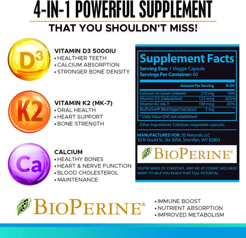 K2 D3 Vitamin Supplement 5000 IU - Enhanced Calcium Absorption for Healthier Bones, Blood, Heart, and Better Immunity