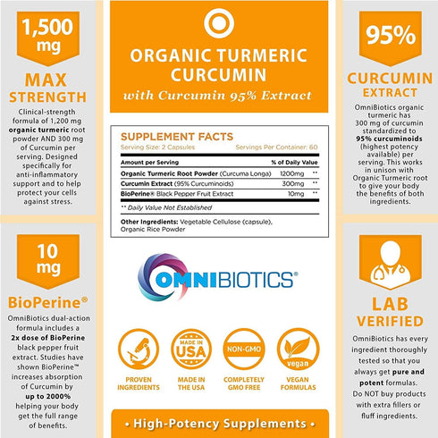 Organic Turmeric Curcumin Extract Supplement 1500mg with BioPerine, 120 Vegetarian Capsules
