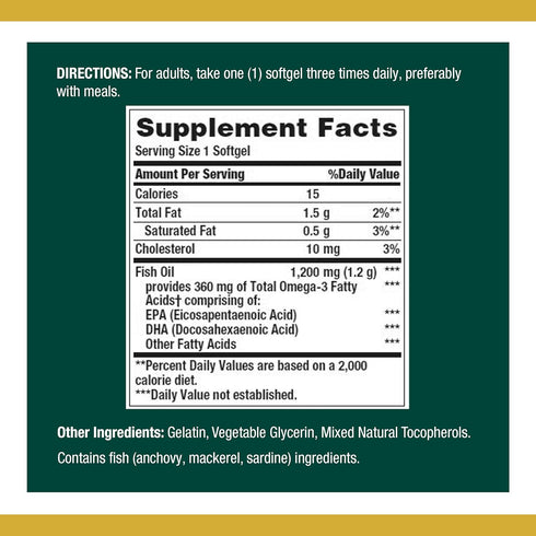 Nature’s Bounty Fish Oil, 1200mg, 360mg Omega-3, 120 Softgels (3 Pack, 360 Total)