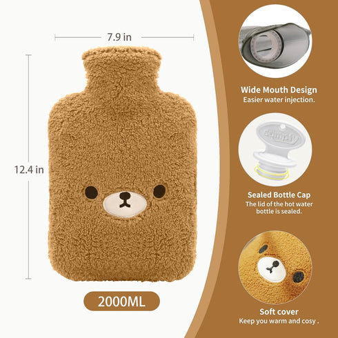 samply Hot Water Bottle with Cute Fleece Cover, 2Liter for Hot and Cold Compress, Pain Relief