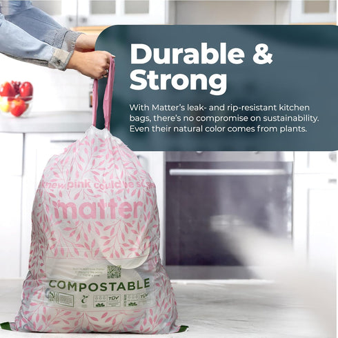 Pack 3 13 70 Count Matter Compostable Variety Gallon and Gallon Kitchen Trash Bags with Drawstring, Unscented, Durable
