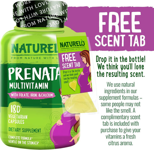 NATURELO Prenatal Multivitamin with Gentle Chelated Iron, Methyl Folate, Plant Calcium & Choline - Vegan, 180 Capsules