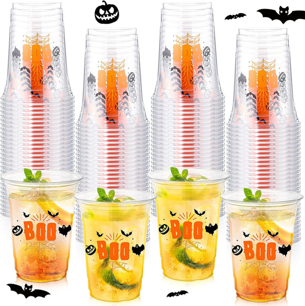 Tiangrid 100 Pcs Halloween Plastic Cups Bulk 16 oz Disposable Halloween Boo Party