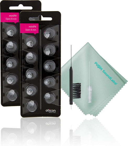 Oticon Minifit Open 8mm Dome Piece with Hearing Aid Cleaning Brush, Vent Tool, Microfiber Cloth (2 Packs, 20 Domes)