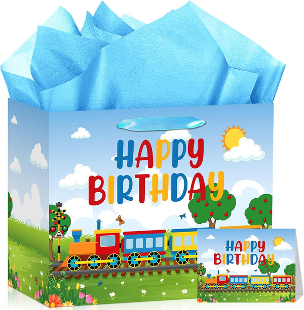 Yomaiha Train Birthday Gift Bag with Greeting Card and Tissue Papers, Train Birthday