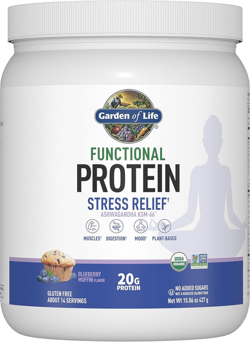 Garden of Life Functional Protein Stress Relief, 20g Organic Protein Blend - Blueberry Muffin, Mood Blend