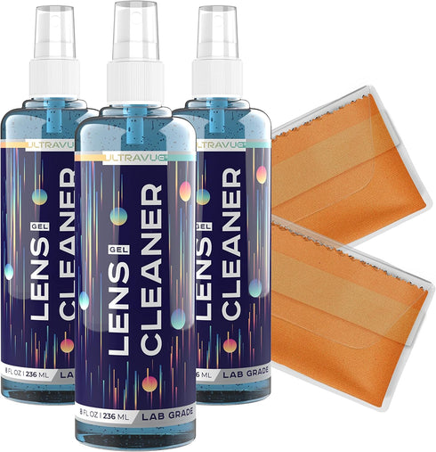 Eyeglass Gel Lens Cleaner Spray Kit - 3 x 8oz Bottles + 2 Microfiber Cloths for All Lenses and Screens
