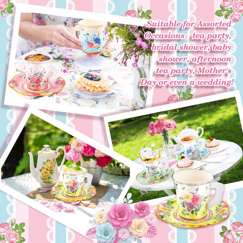 SUMMORO 160 7 OZ Pcs Floral Paper Tea Cups and Saucers Disposable Paper Tea Cups with Handle and Plates for Tea Party