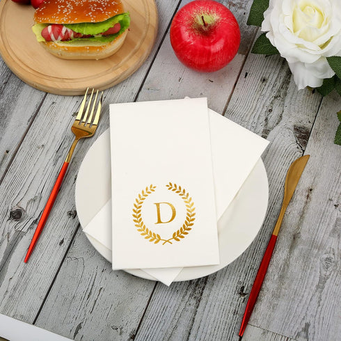 200 Pack Monogrammed Disposable Napkins, Gold Foil Letter D, Initial Hand Paper Towels for Wedding, Party, Home