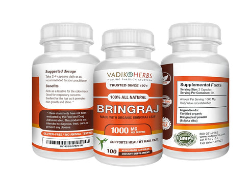 Vadik Herbs Organic Bringraj Bhringraj Powder - 100 Vegicaps, Promotes Healthy Hair Growth