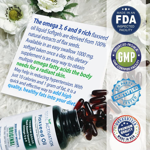 Organic Flaxseed Oil 1,000 mg Omega-3, Immune System Booster with Omega 3,6,9, 100 Rich Liquid Softgels