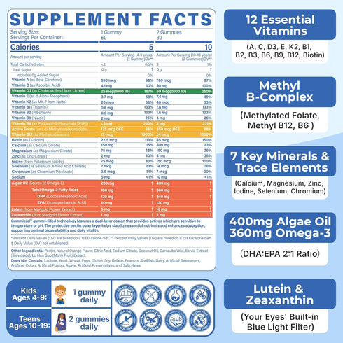 Gummies B12 Omega3, 10-19 Immune Methylated Multivitamin for Teens & Kids with Methylfolate, Methyl & Teen Vitamins