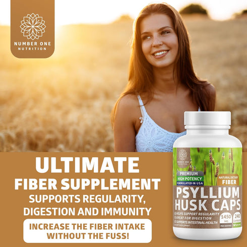 N1N Premium Psyllium Husk Capsules - All Natural 1450 MG Soluble Fiber Supplement, 240 Caps