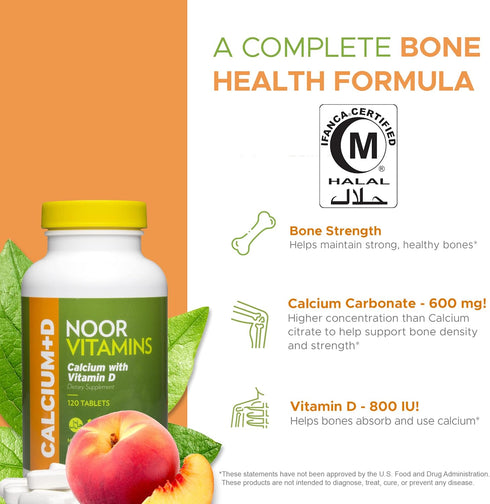 Noor Vitamins Halal Calcium Plus Vitamin D - 600 mg Calcium & 800 IU D2 per Tablet - 120 Tablets