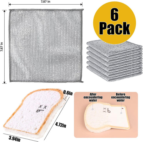 Non Scratch Wire Dishcloth 6 Pack with 1pcs Kitchen Sponges for Dishes, Double Layer Wire Dish Washing Cloth,Powerful Cleaning Non-Scratch Wire Dishcloth Rag for Cookware, Sinks, Dishes, Stove Tops by Muwfeuin
