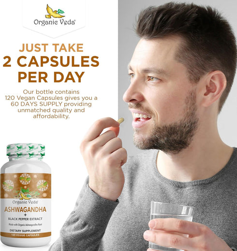 Organic Veda Ashwagandha Supplements, 1500mg, 120 Veggie Capsules with Black Pepper Extract