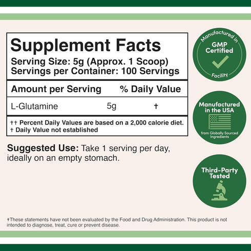 L Glutamine Powder 1.1lbs - 100 Servings of Unflavored L-Glutamine, Third Party Tested, Keto & Vegan Friendly by Double