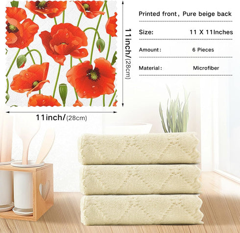 Kcldeci Poppy 6 Pieces Absorbent Kitchen Dish Cloths, Floral Washable Cleaning Towels for Home Kitchen Supplies
