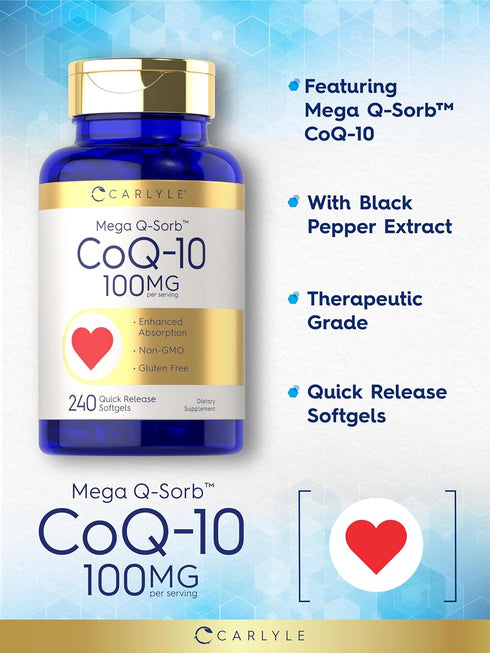 Carlyle CoQ10 100mg | 240 Softgels | Mega Q-Sorb Coenzyme Q-10 with Black Pepper Extract | Non-GMO, Gluten Free