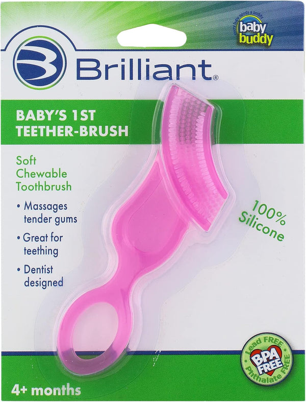 Brilliant Oral Care Baby’s First Toothbrush, Pink, Smooth Silicone Bristles for Ages 4+ Months