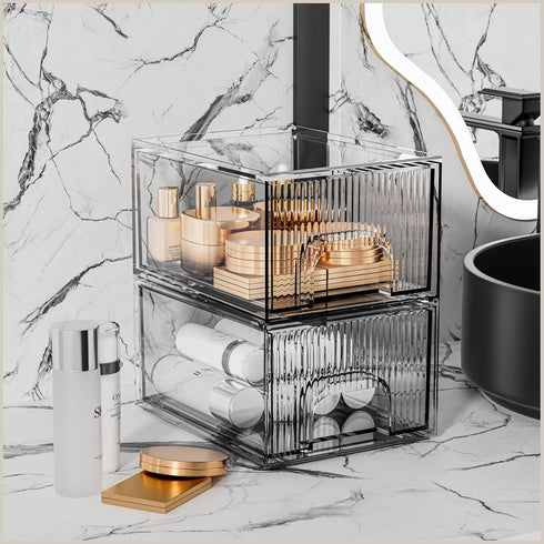 ZHIAI Makeup Organizer, Stackable Clear Cosmetic Storage Box for Vanity, Skincare, Kitchen Cabinets, 2 Pack