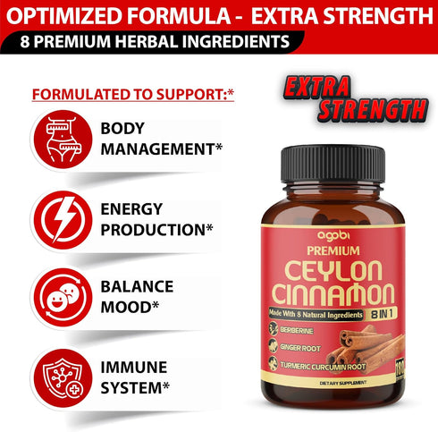 Premium Ceylon Cinnamon with Berberine Supplement - 8in1 Turmeric, Ginger, Gymnema & More - 180 Capsules for Body