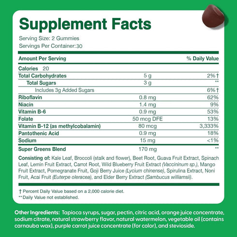 Gummies Immunity 60 Gummies Super Greens - Green Superfoods Supplement with Spinach, Broccoli, Kale, Beet Root