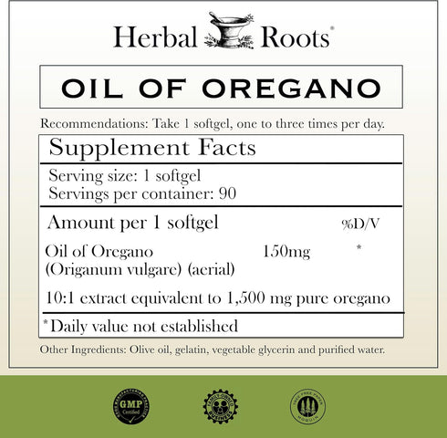 Herbal Roots Oil of Oregano - Mediterranean Oregano Oil - 90 Easy to Swallow Softgel Capsules - Extra Strength 150mg