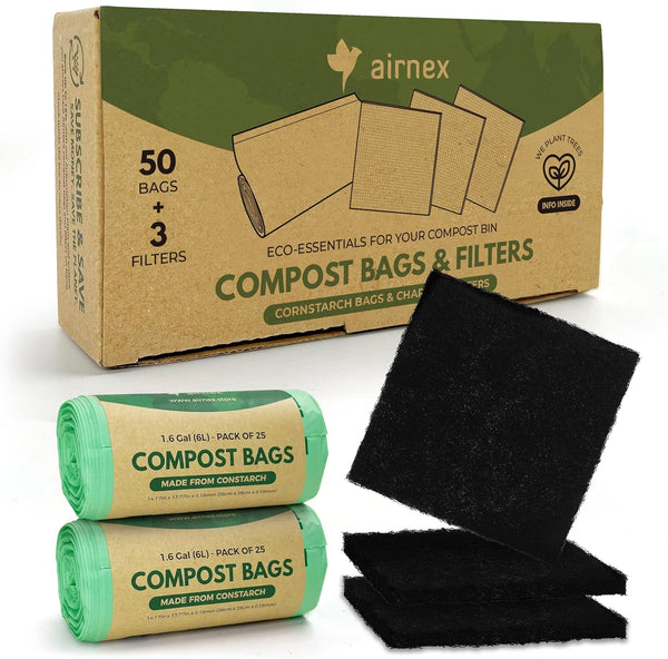 AIRNEX Compostable Trash Bags & Charcoal Filters for Compost Bucket Value Pack