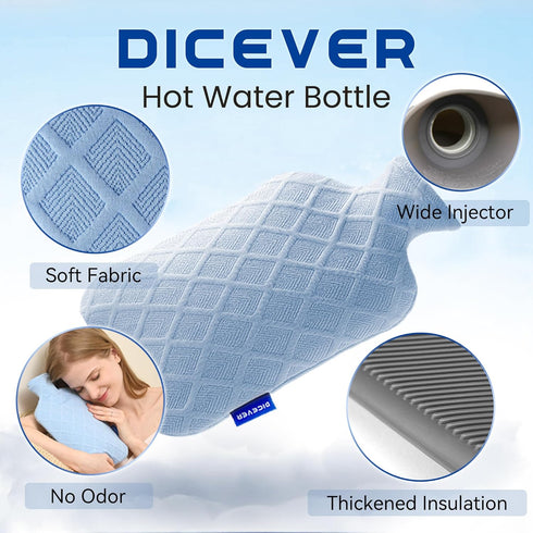 Hot Water Bottle with Soft Cover - 2L Bag for Hot and Cold Therapies for Sore Muscles and Cramps (Blue)