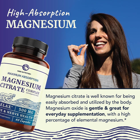 Magnesium Citrate Complex 500 MG for Calm, Relaxation, Constipation & Digestion Health Support - High Absorption