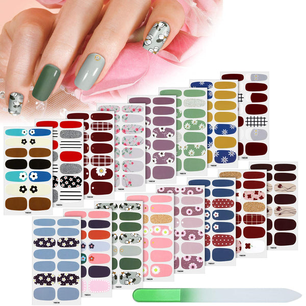 Maitys 224 Pieces Nail Art Polish Stickers, 16 Sheets Full Nail Wraps with File Manicure Kit, Fresh Floral Series