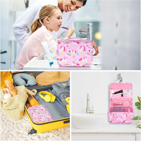 Kids Hanging Toiletry Bag for Girls, Travel Waterproof Wash Bag for Little Young Girls Cosmetic Makeup, Unicorn Pink