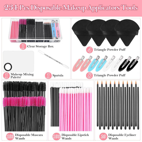 Disposable Makeup Applicators Kit with Triangle Puff Mixing Palette, Artist Supplies Disposable Mascara Wands, Lip Brushes, Hair Clips Powder Puffs for Face with Storage Box