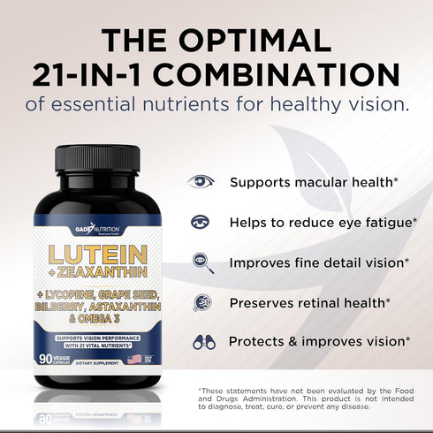 Lutein and Zeaxanthin Supplements for Eye Health with Astaxanthin, Omega 3, Resveratrol, Bilberry, Lycopene, Quercetin